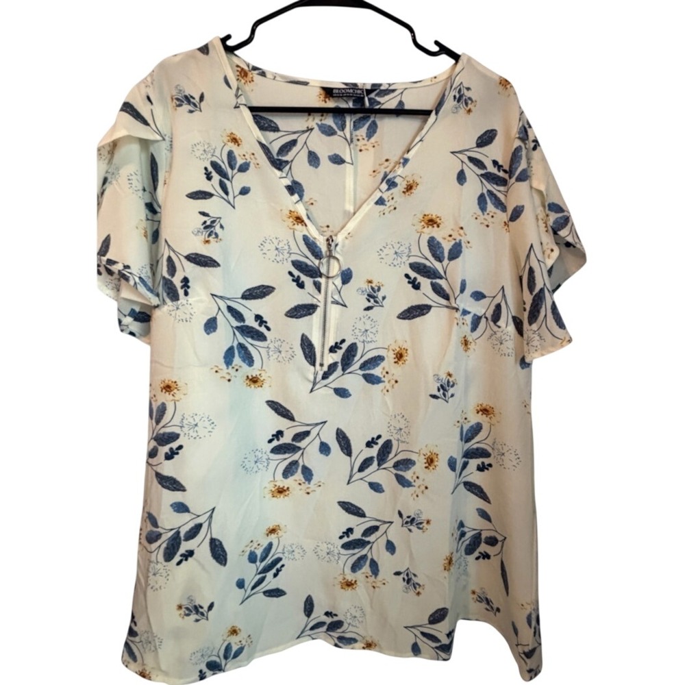 BloomChic Floral O-Ring Zipper Split Petal Sleeve Blouse White Blue Gold 14-16